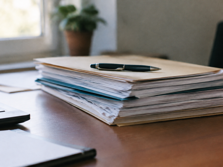 Pile de documents officiels sur bureau, stylo pose dessus