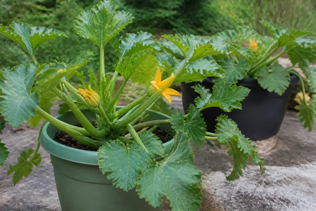 Plants de courgettes nains en pot, fleurs jaunes visibles