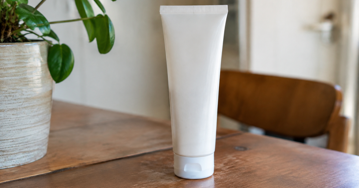 Tube de creme blanc debout sur table