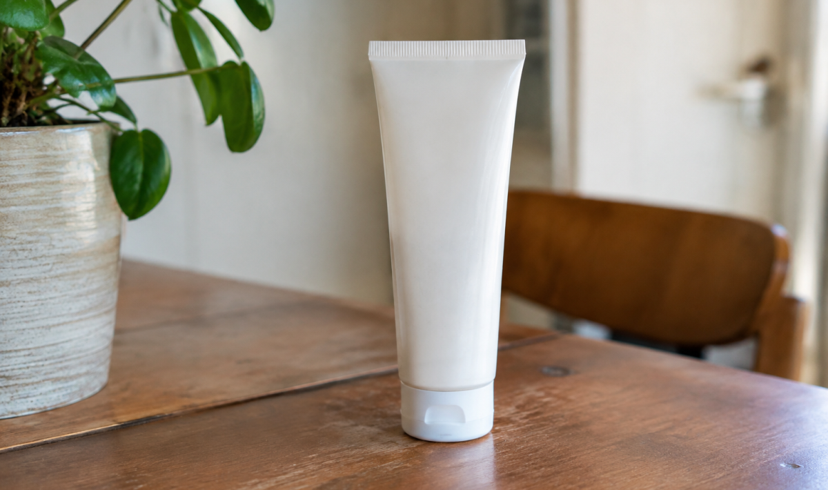 Tube de creme blanc debout sur table