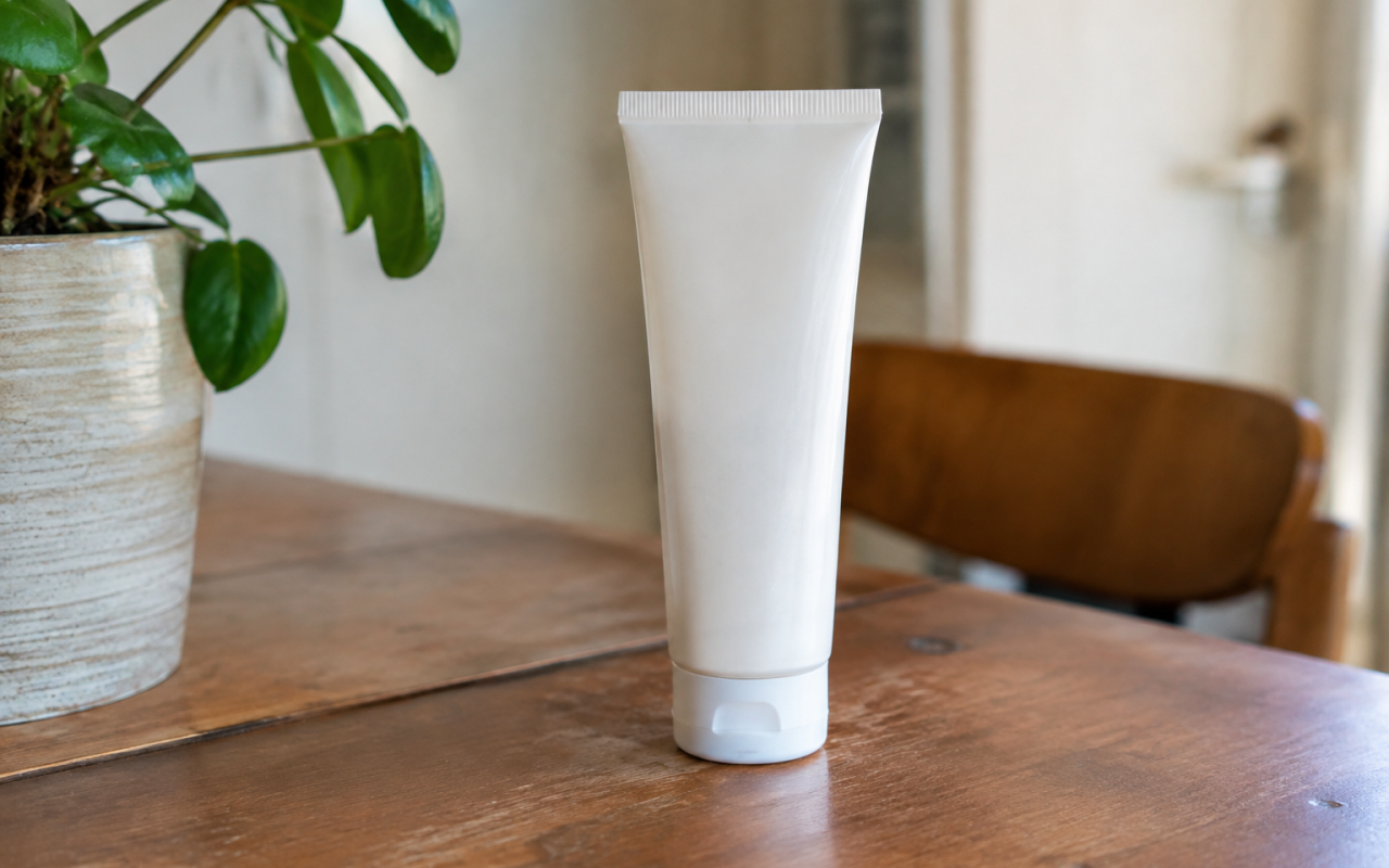 Tube de creme blanc debout sur table